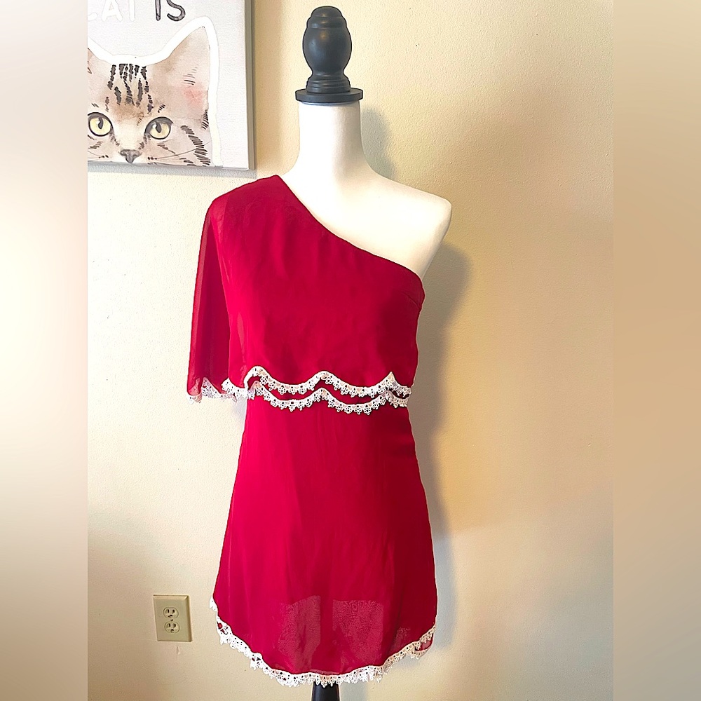 Alma-Mater Crimson Red & White One Shoulder Double Coverage Dress
